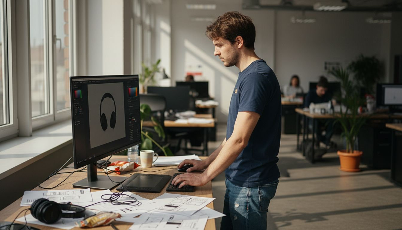 Webový dizajnér upravuje fotografiu produktu priamo vo svojej kancelárii.