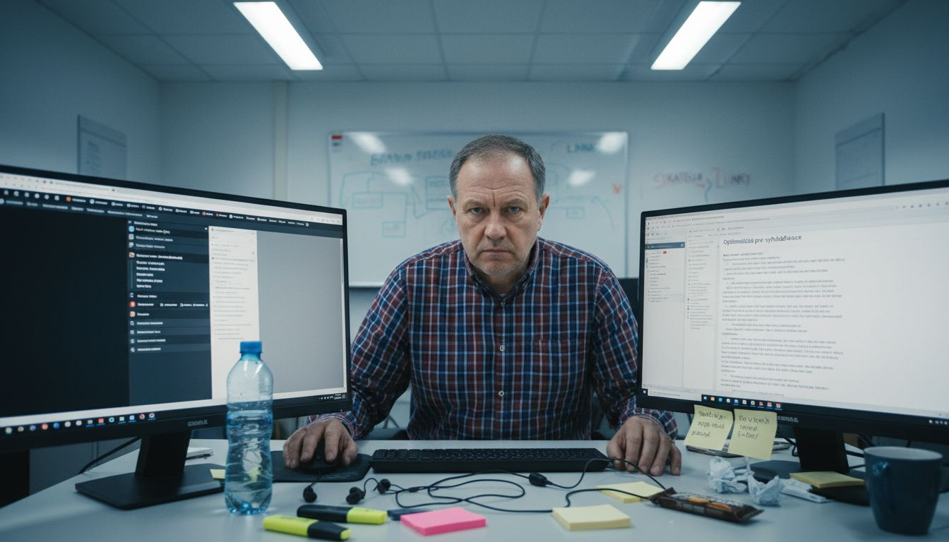 tronos SEO Best Practices 2026: 74% SME Investujú Do Viditeľnosti 1 SEO špecialista vylepšuje obsah uprostred hromady papiera a kávy na svojom preplnenom pracovnom stole.