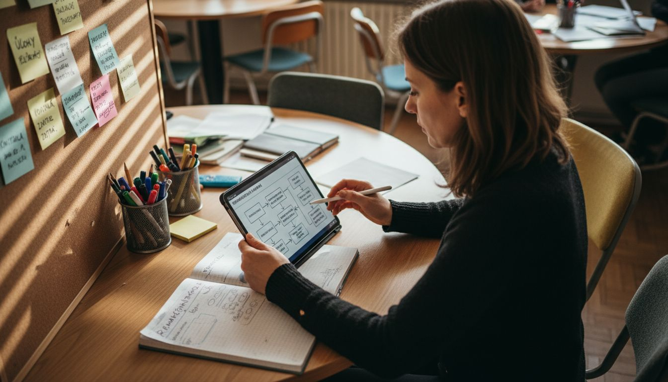 Mladá marketérka si v coworkingovom priestore pripravuje stratégiu na remarketingovú kampaň.