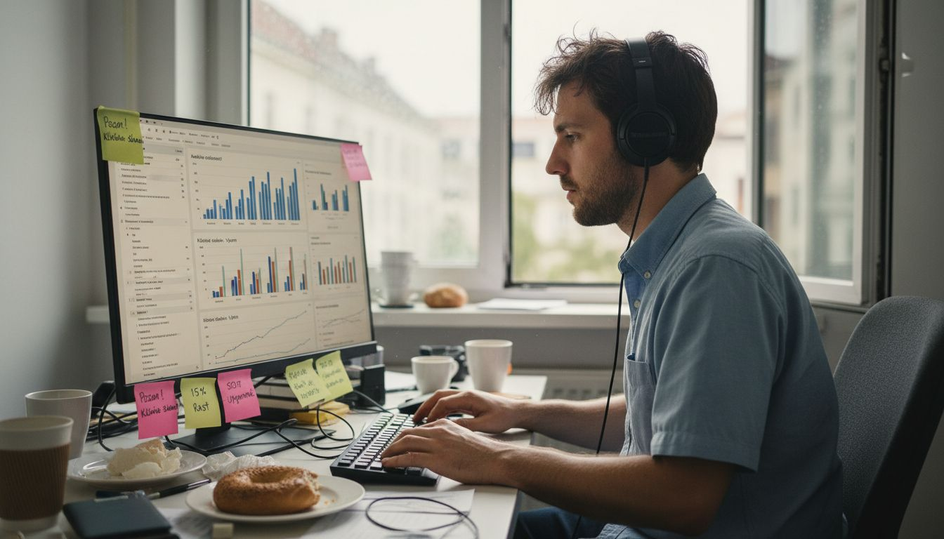 SEO špecialista sedí za preplneným stolom a sústredene skúma návštevnosť webstránky.