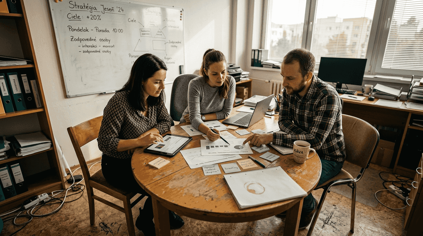 Tím sa v malej kancelárii rozpráva o výsledkoch marketingovej kampane a analyzuje dáta, aby zistili, čo sa podarilo a kde je priestor na zlepšenie.