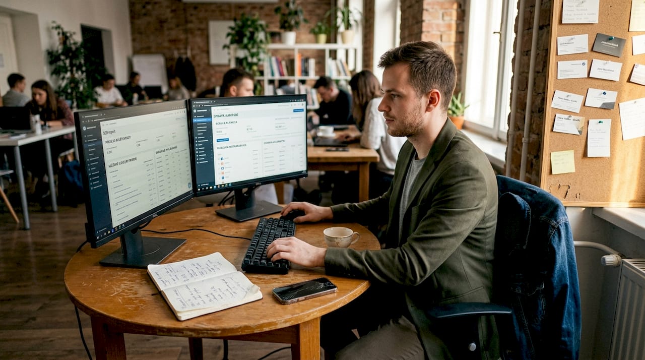 Marketér si prechádza pracovné prostredie digitálnych kampaní a analyzuje jednotlivé kanály.