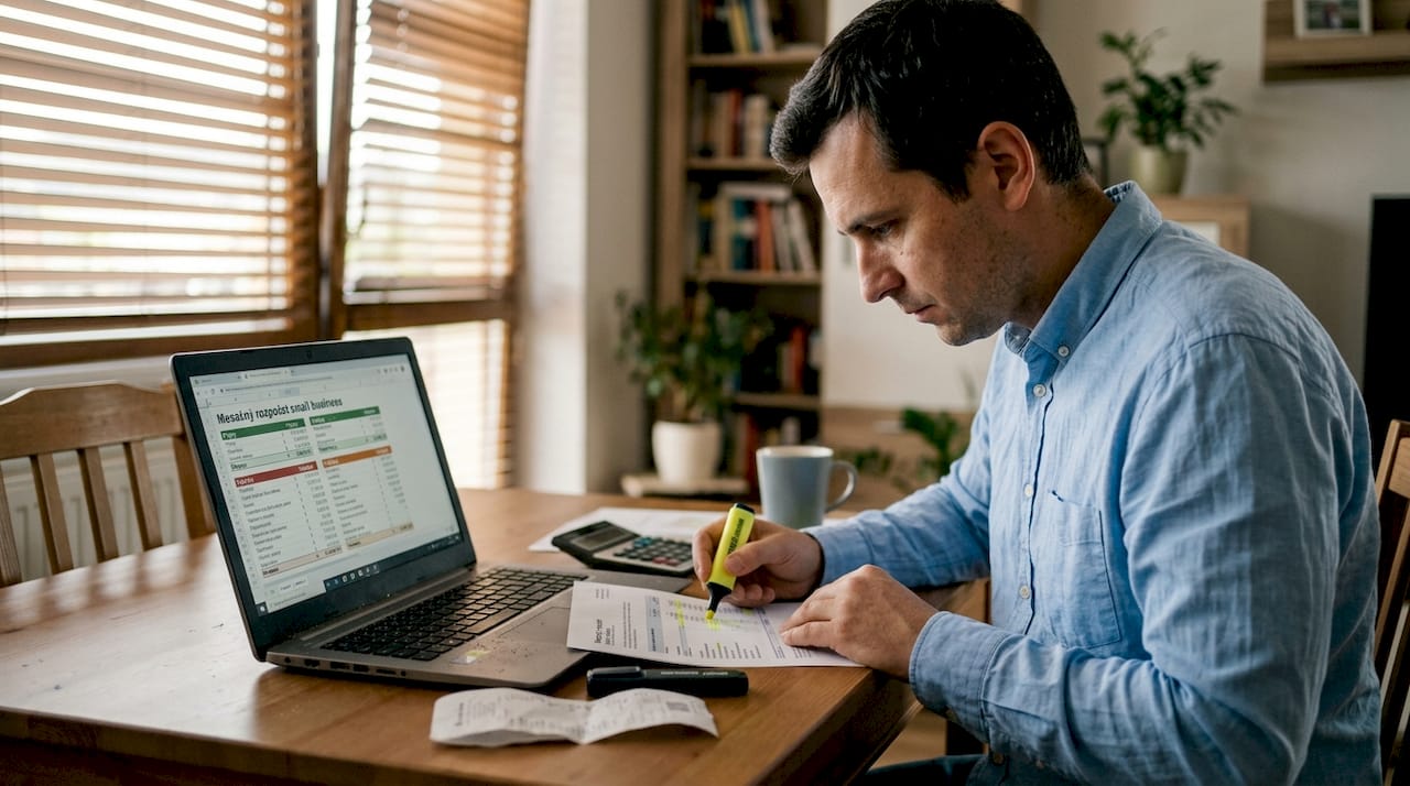 Majiteľ firmy si doma prechádza tabuľku s rozpočtom na marketing.