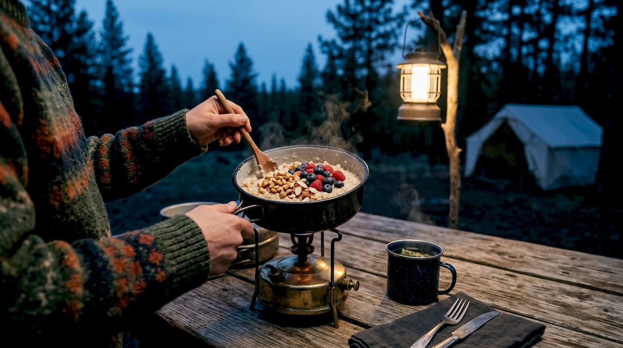 Preparing oatmeal breakfast at sunrise campsite
