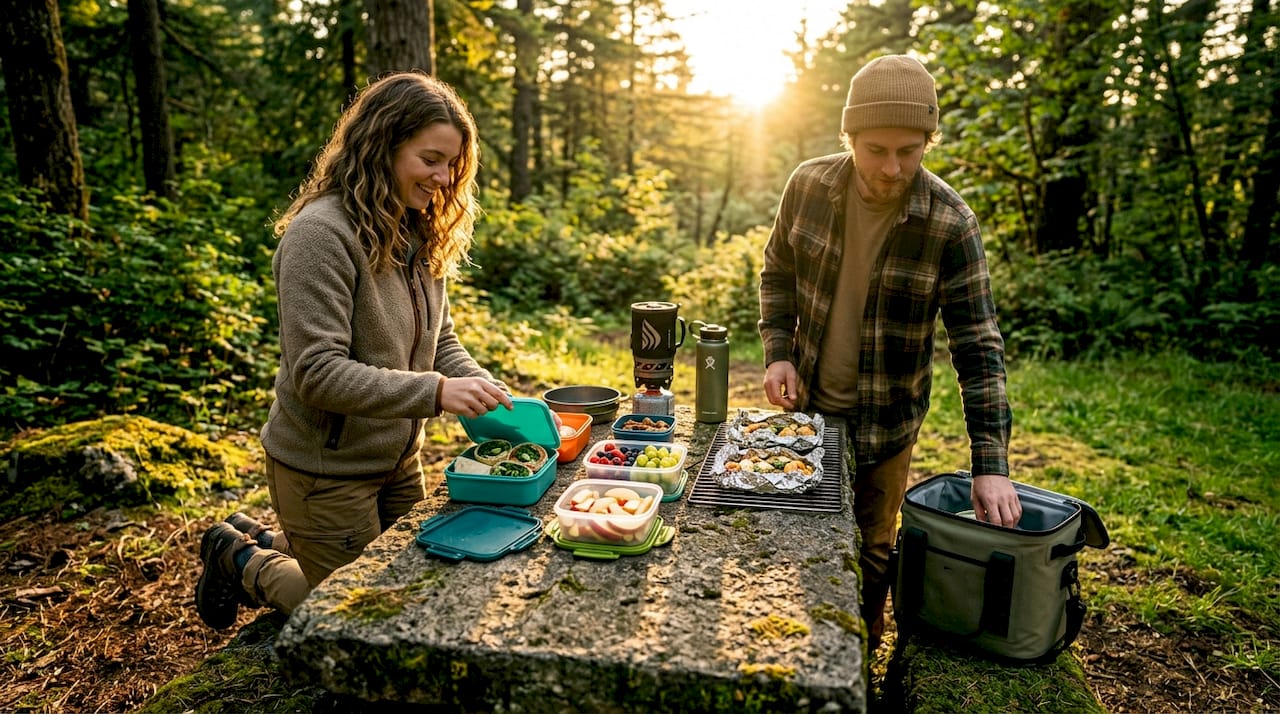 Couple unpacking camping food at picnic table