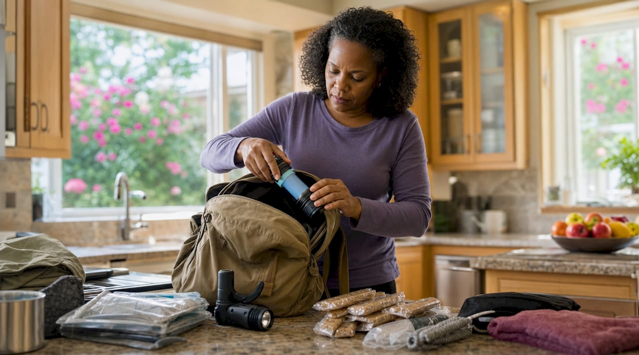 Woman packing emergency go bag on floor