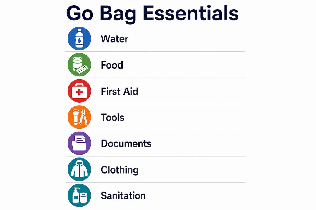 Infographic showing go bag essentials checklist