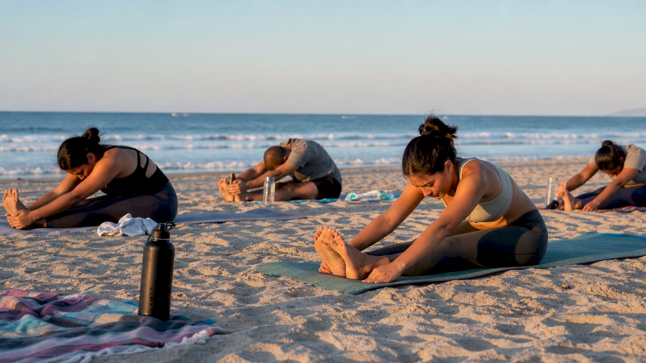Diverse group practicing yoga outdoors