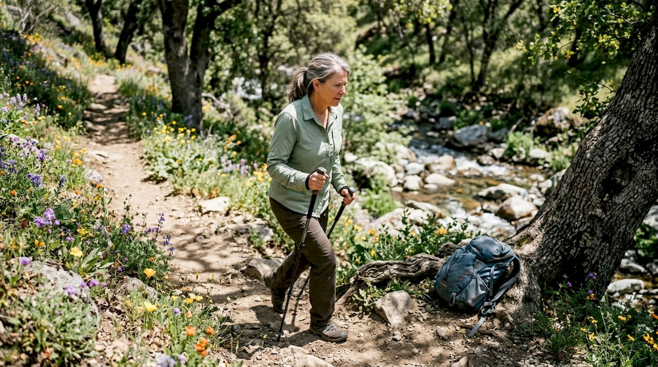 Woman hiking mountain trail outdoors