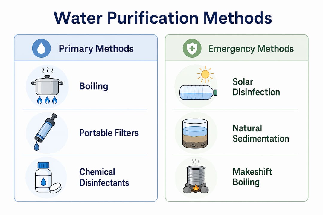 Infographic comparing primary and emergency water purification methods