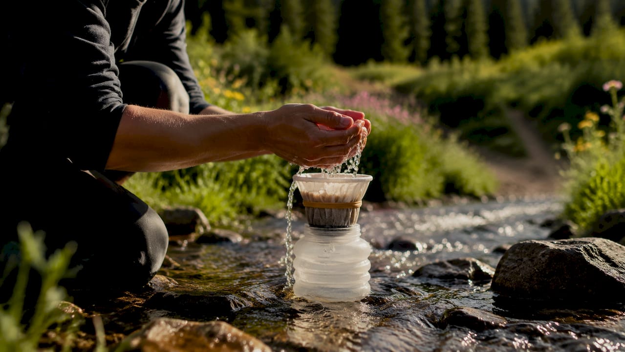 Hands collecting clean spring water with filter outdoors