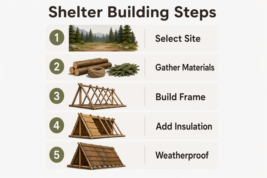 Infographic illustrating step-by-step shelter building process