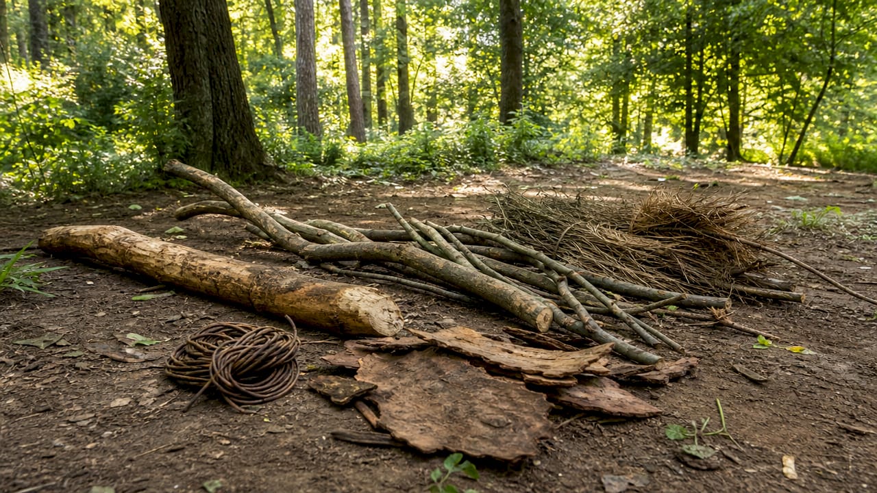 Collection of natural shelter building materials outdoors