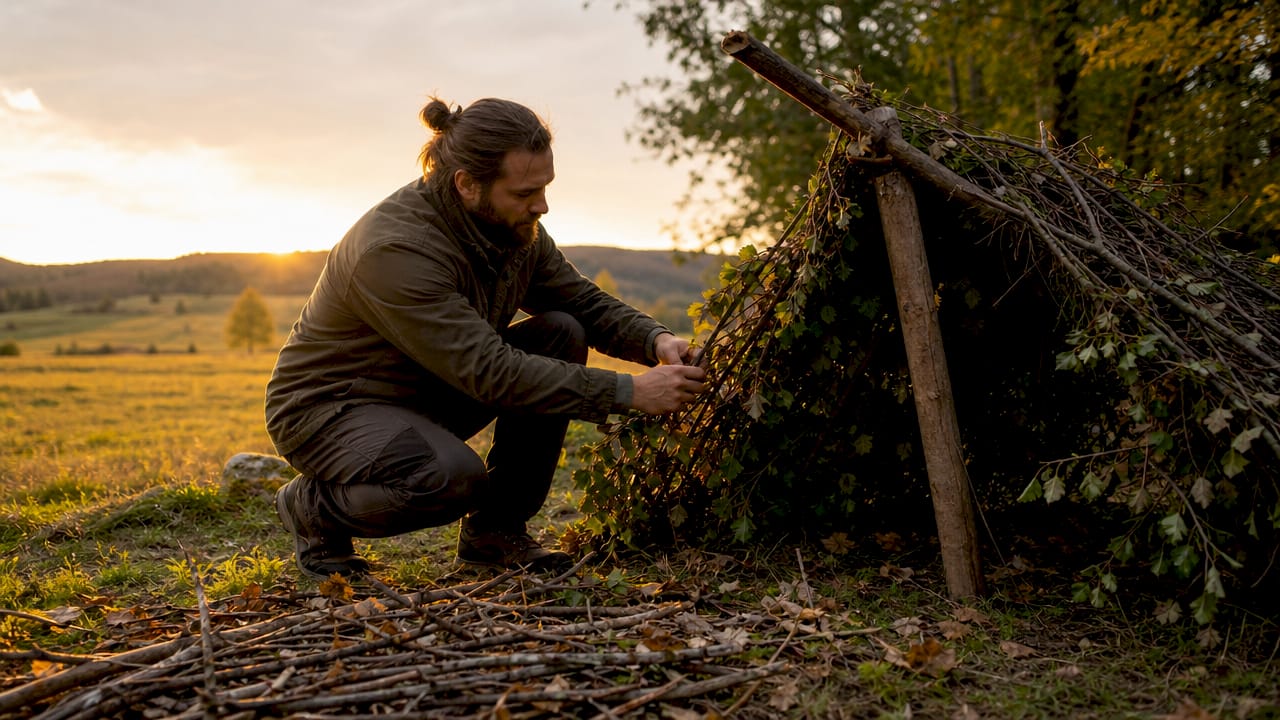 Person building outdoor lean-to shelter