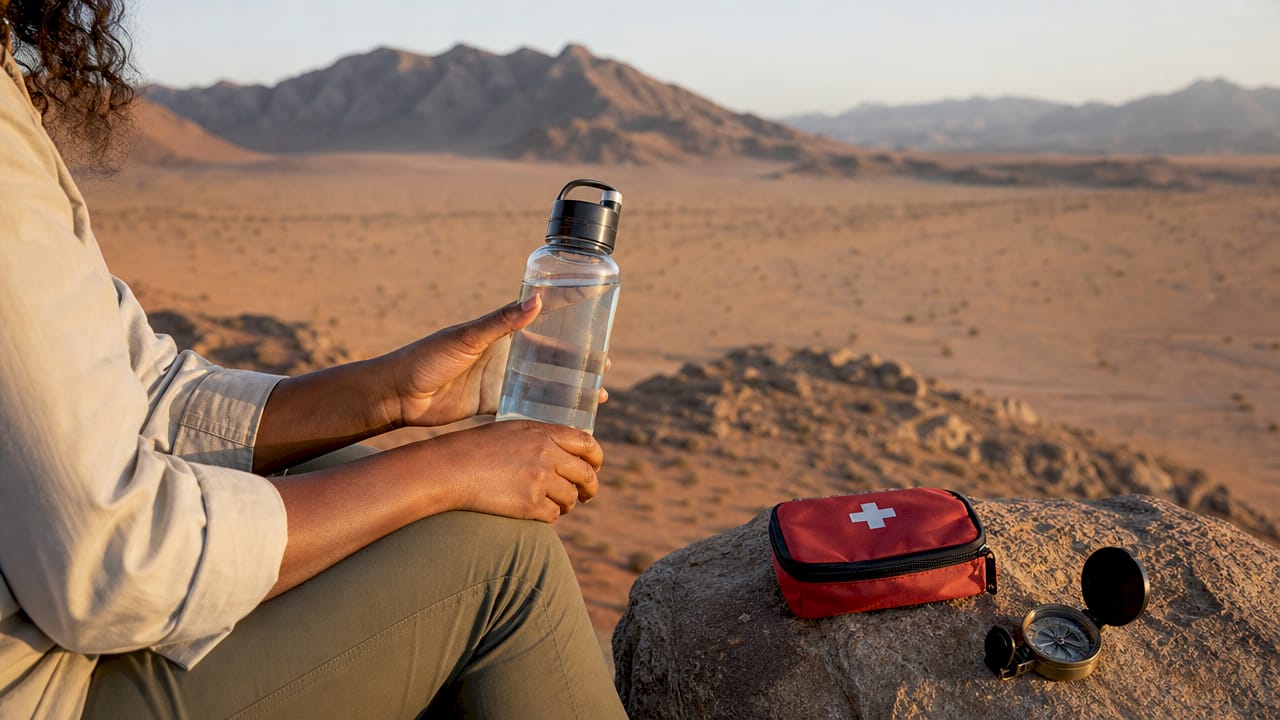 Hands holding water bottle in desert