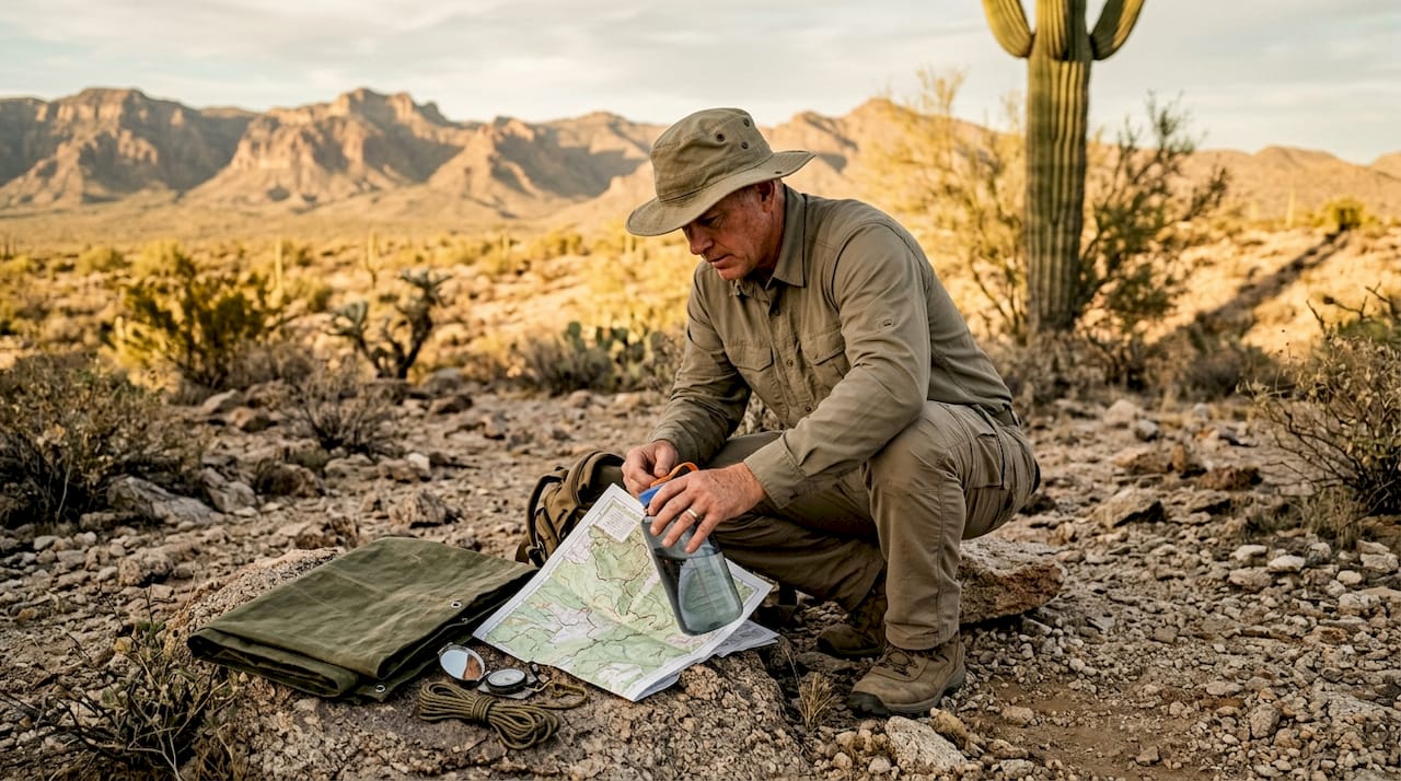 Man preparing desert survival gear outdoors