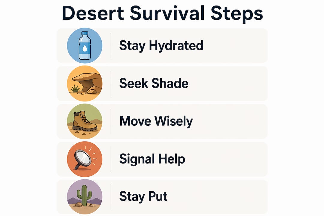 Infographic showing desert survival steps