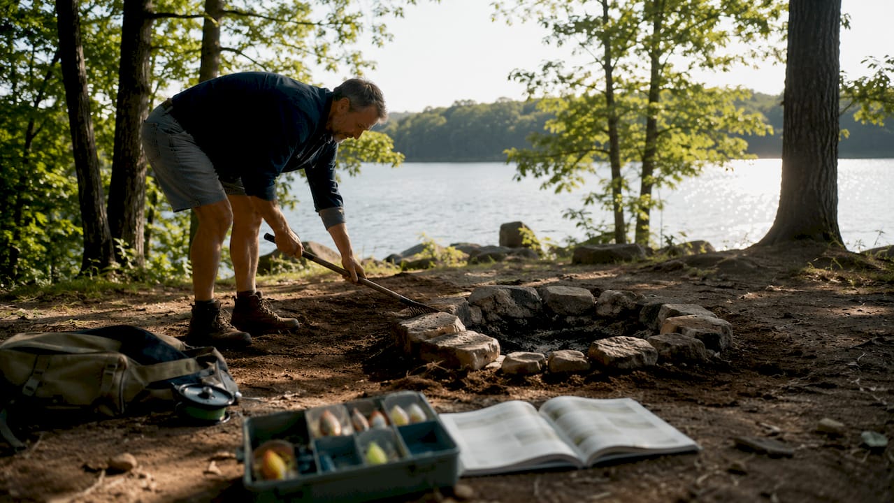 Person clearing debris at forest campsite fire pit