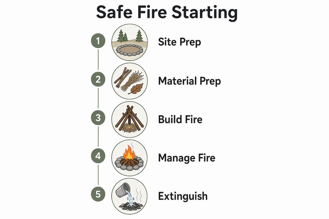 Infographic illustrating five steps to safely start a fire