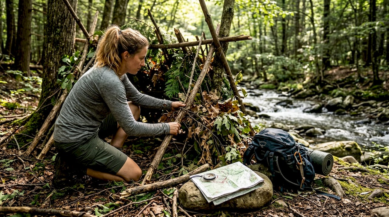 Hiker building emergency shelter in forest