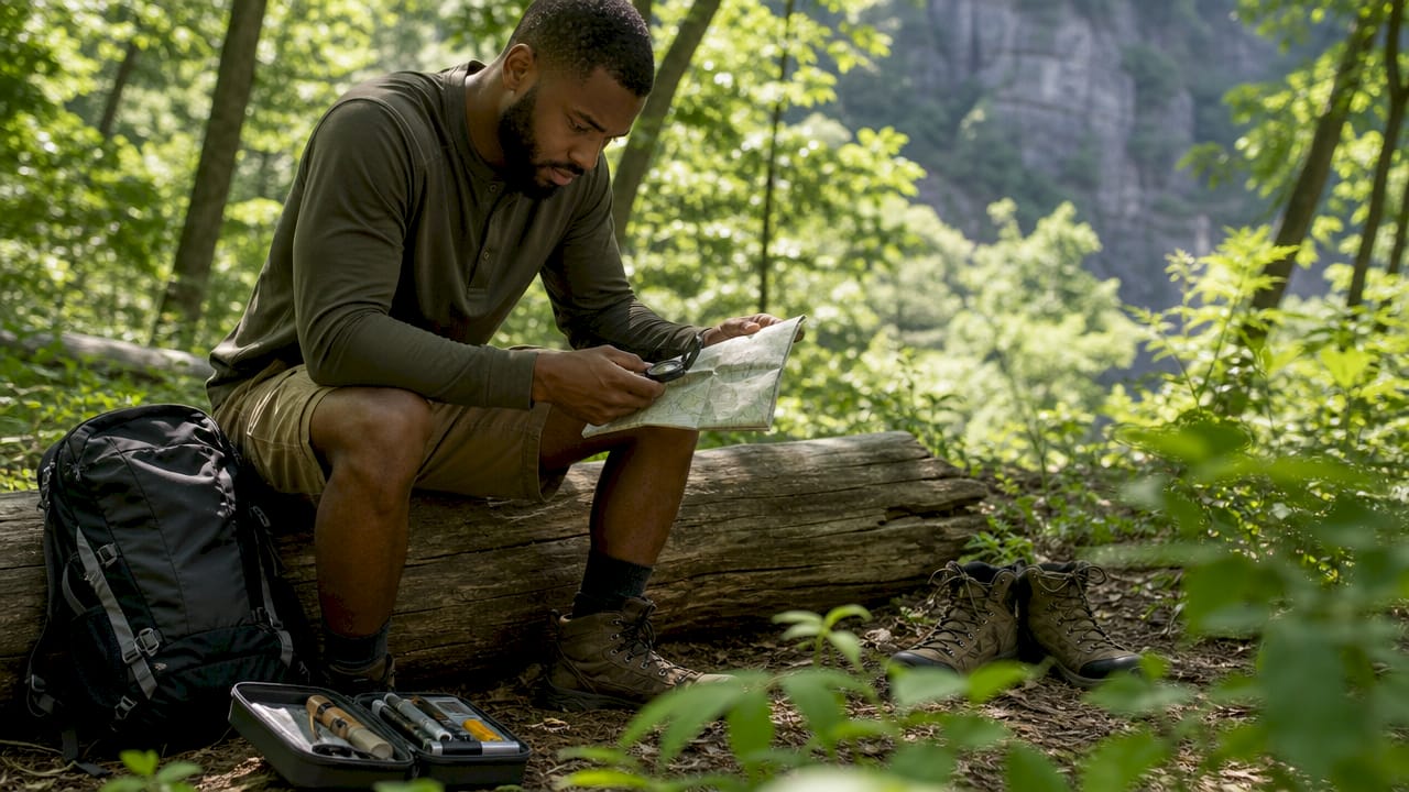 Man using compass and map outdoors