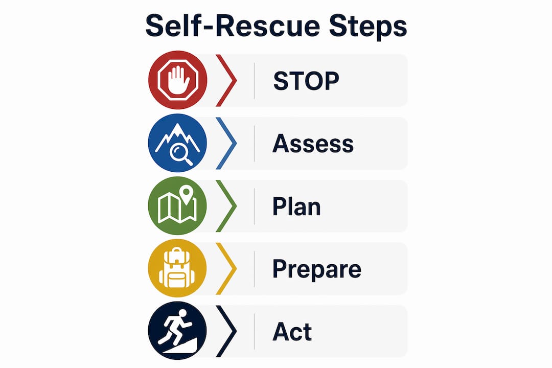Infographic showing wilderness self-rescue steps