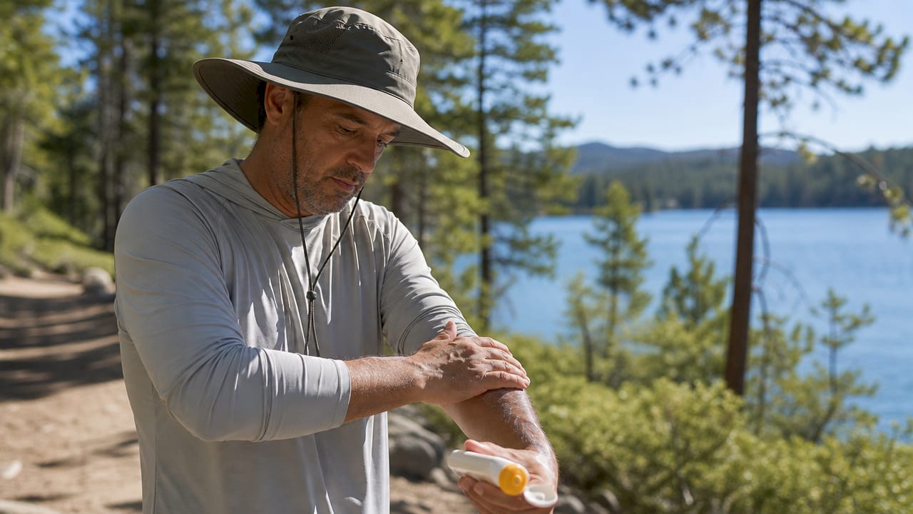 Man applying sunscreen wearing UPF clothing