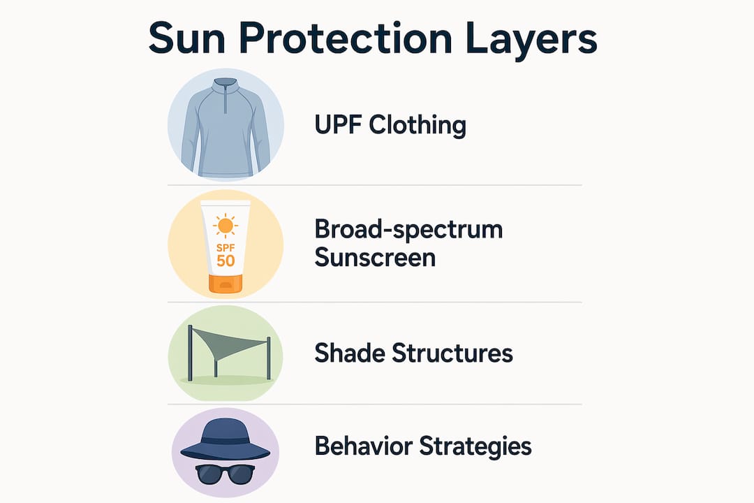 Infographic illustrating sun protection layers for camping