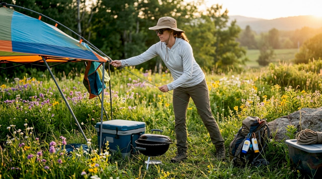 Woman setting up sun protection shade at campsite