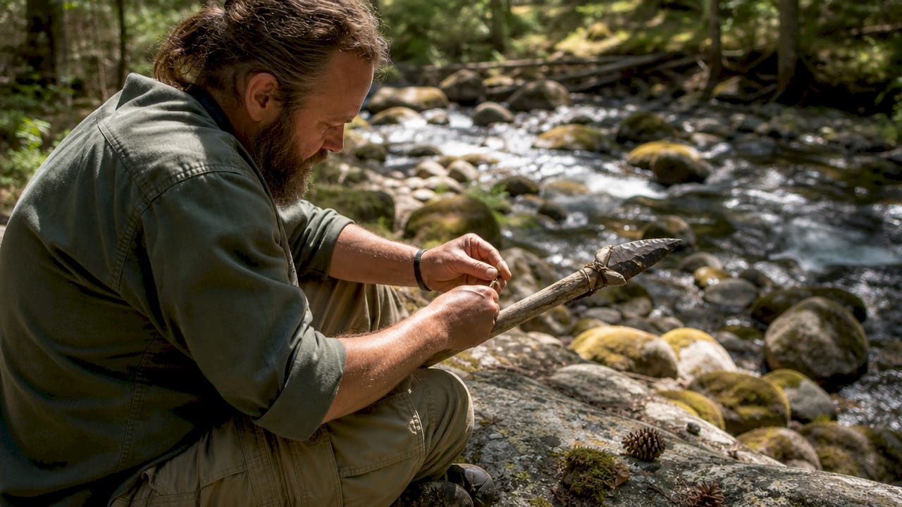 Man crafting improvised spear in forest