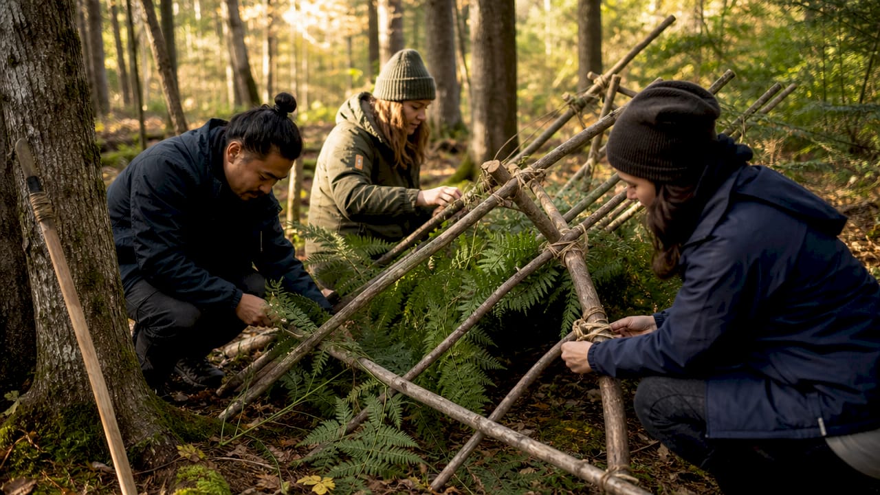 Close-up hands making shelter frame outdoors