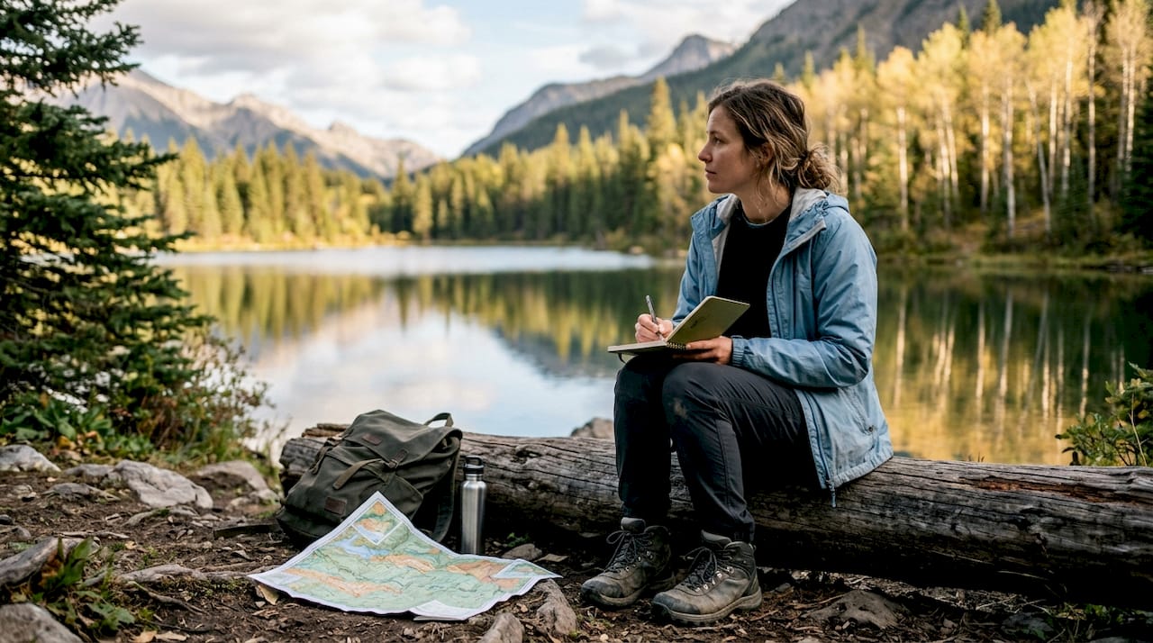 Woman journaling by mountain lake outdoors