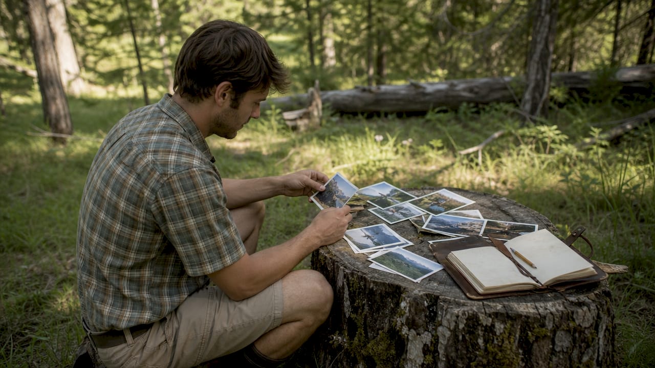 Hands sorting outdoor photos and journal notes