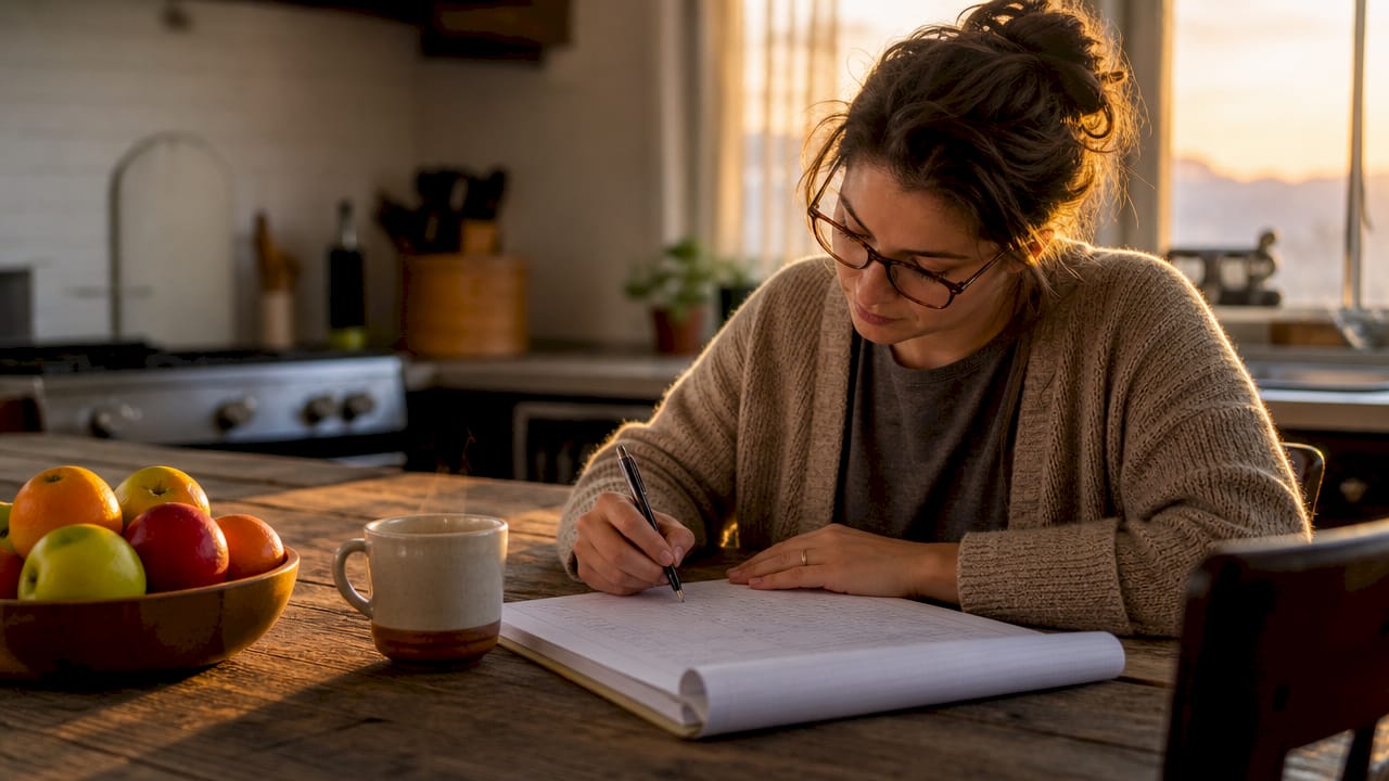 Hands writing household emergency plan on clipboard