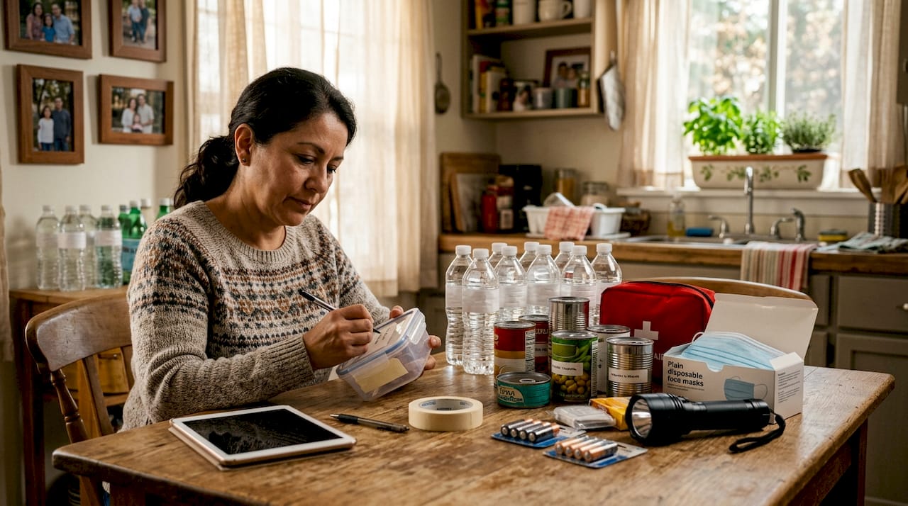 Woman organizing family emergency kit supplies