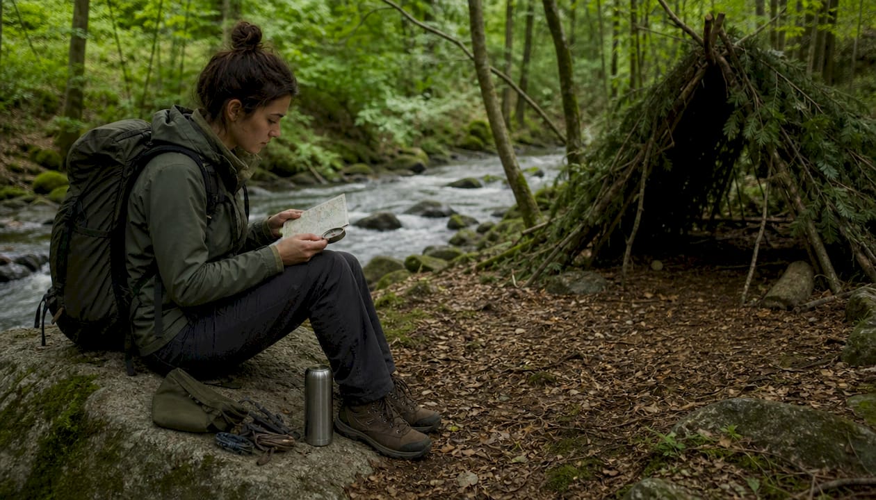 Woman using map and compass in forest