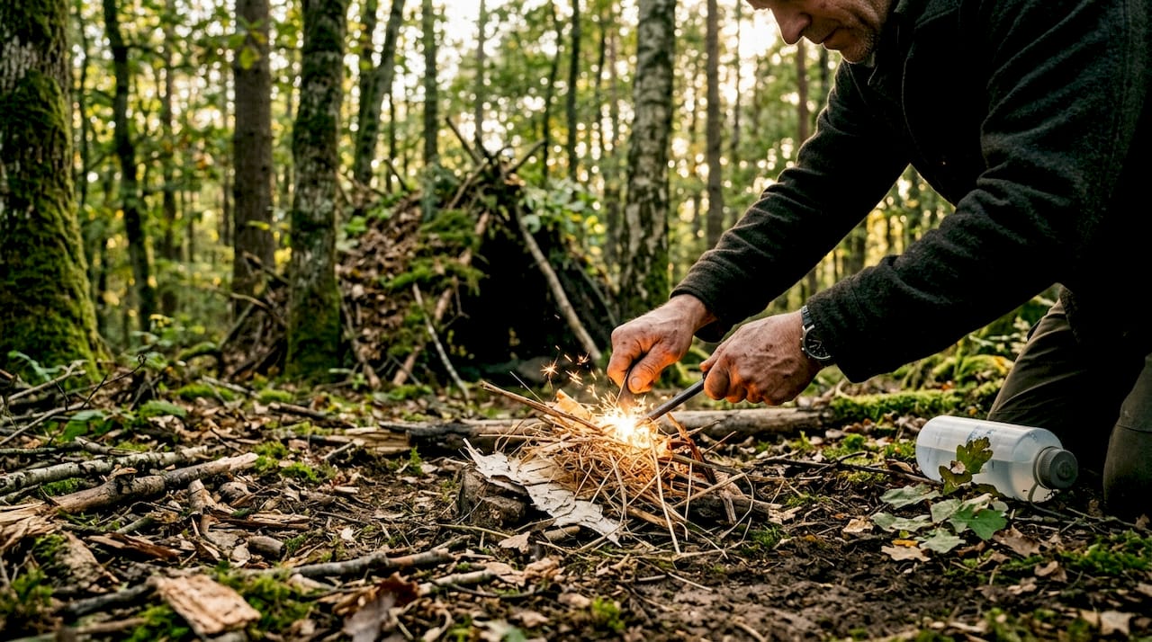 Hands starting fire near shelter and water bottle