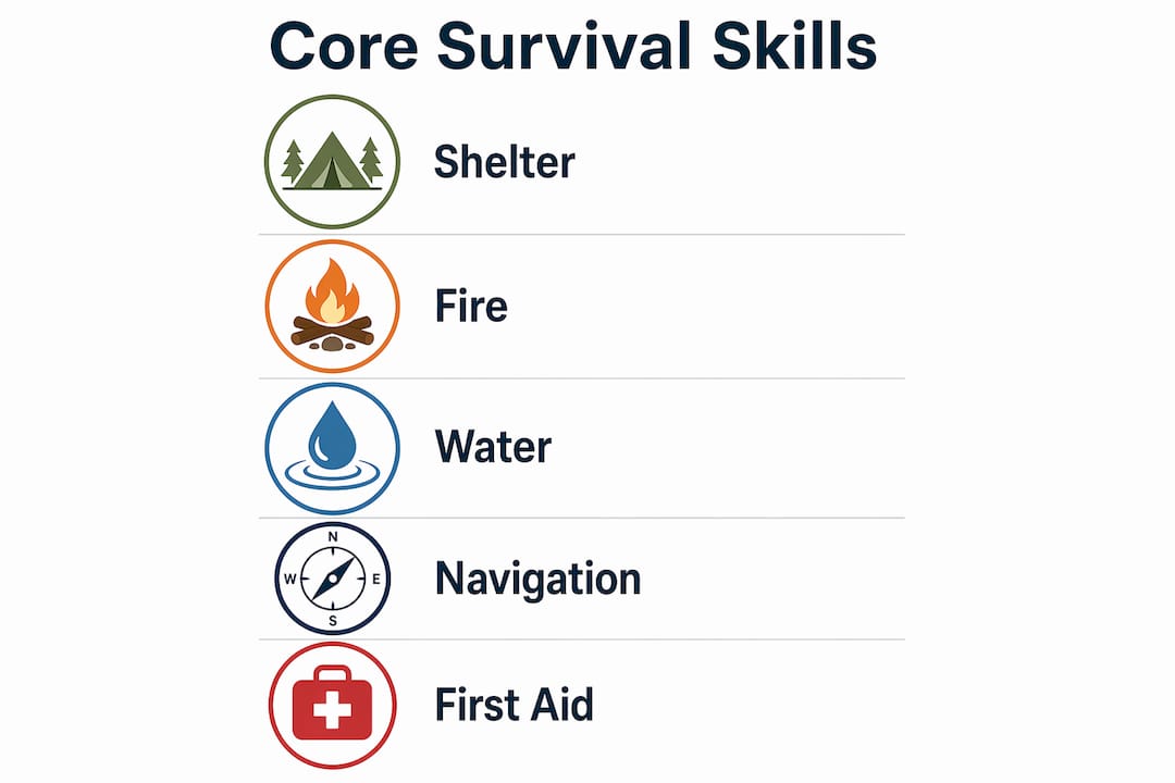 Infographic illustrating five core wilderness survival skills