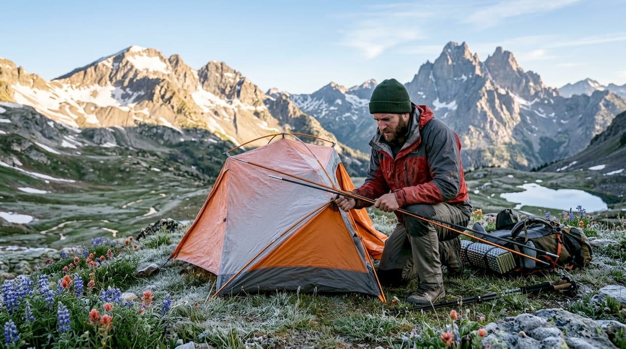 Camper pitching a tent on rocky alpine ridge at dusk