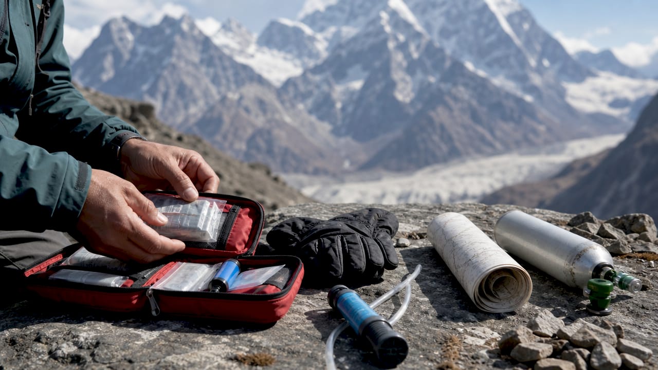 Hands packing high-altitude camping gear outdoors