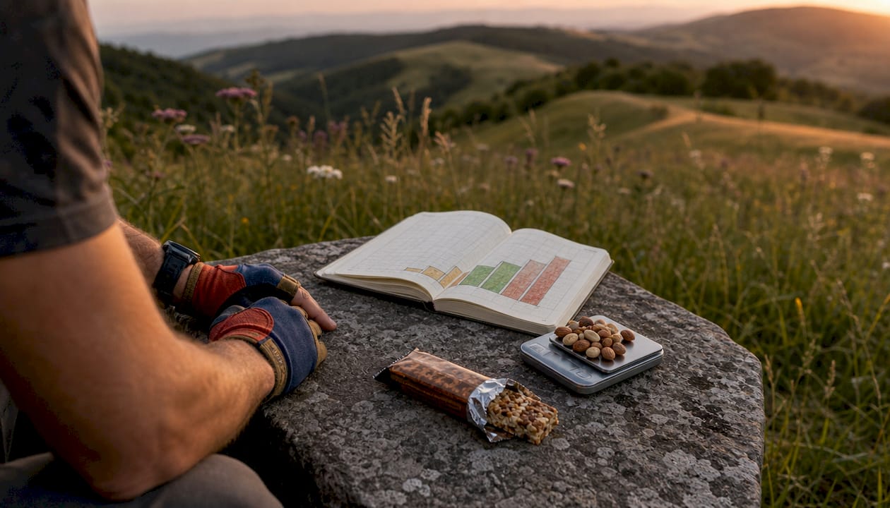 Hiking calorie planning table with food scale and snacks