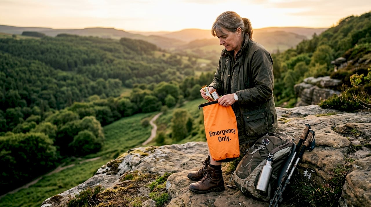 Hiker packing extra emergency food bag on trail