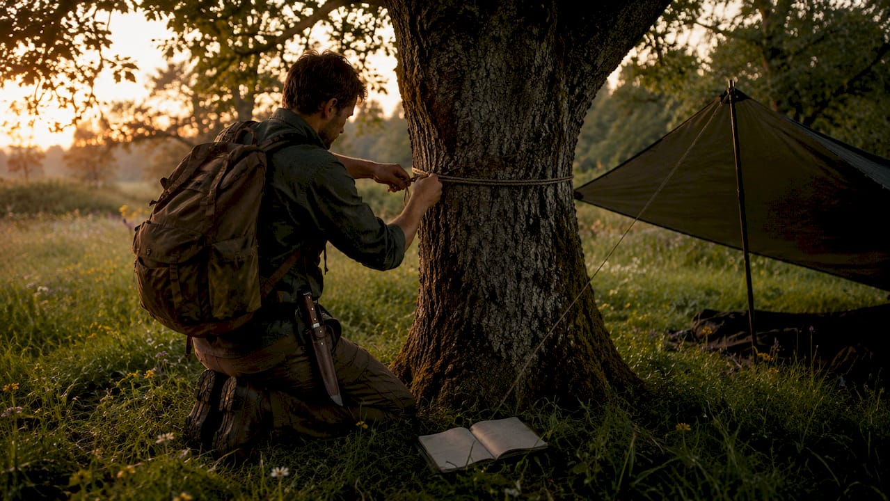 Hiker tying paracord line to tree in forest