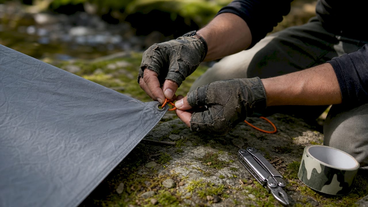 Hands repairing camping tarp with bright paracord