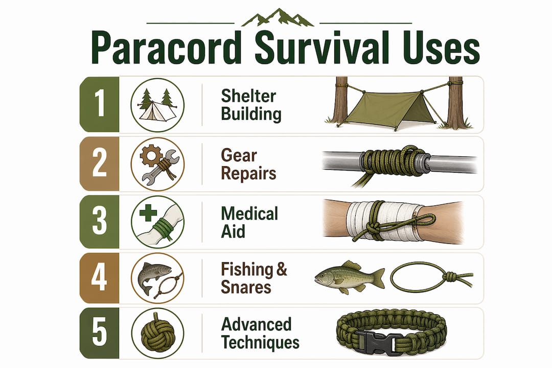 Infographic listing five main paracord survival uses