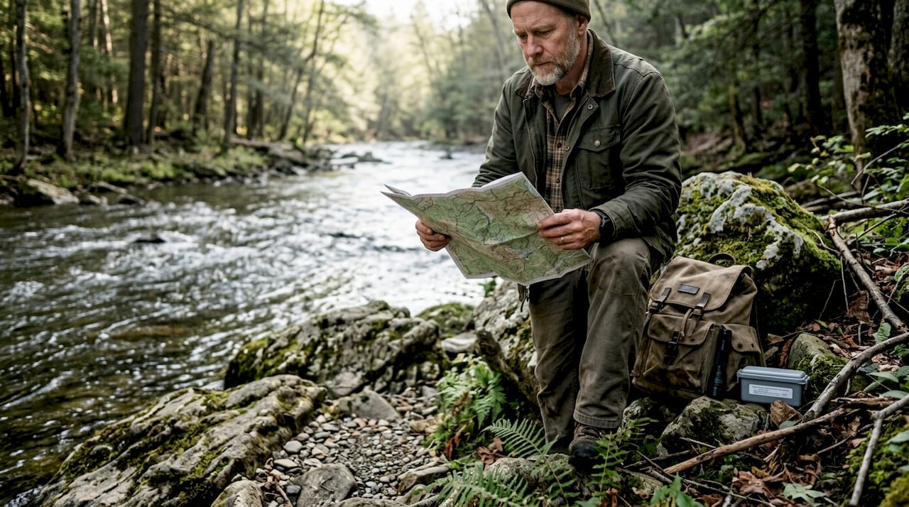 Man reviewing survival cache planning map outdoors