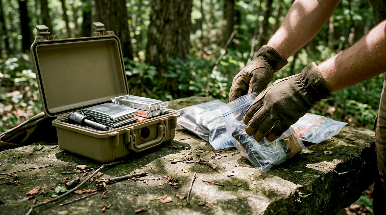 Hands preparing survival cache containers outdoors
