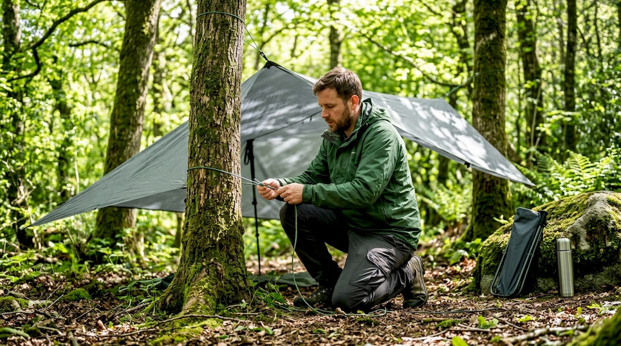 Hiker setting up multi-use tarp shelter outdoors
