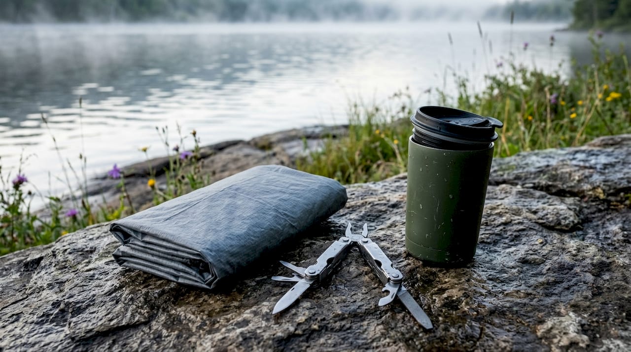 Close-up of multi-use camping gear on picnic table
