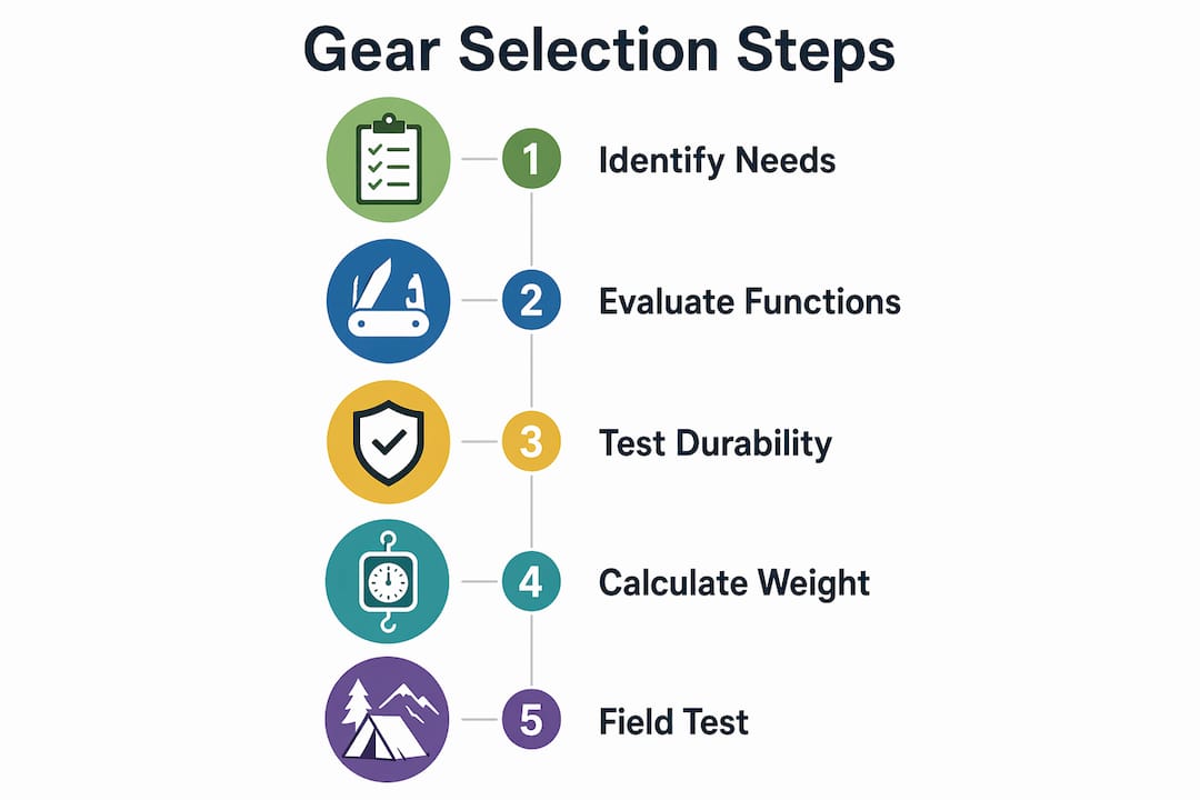 Infographic showing steps to evaluate multi-use camping gear